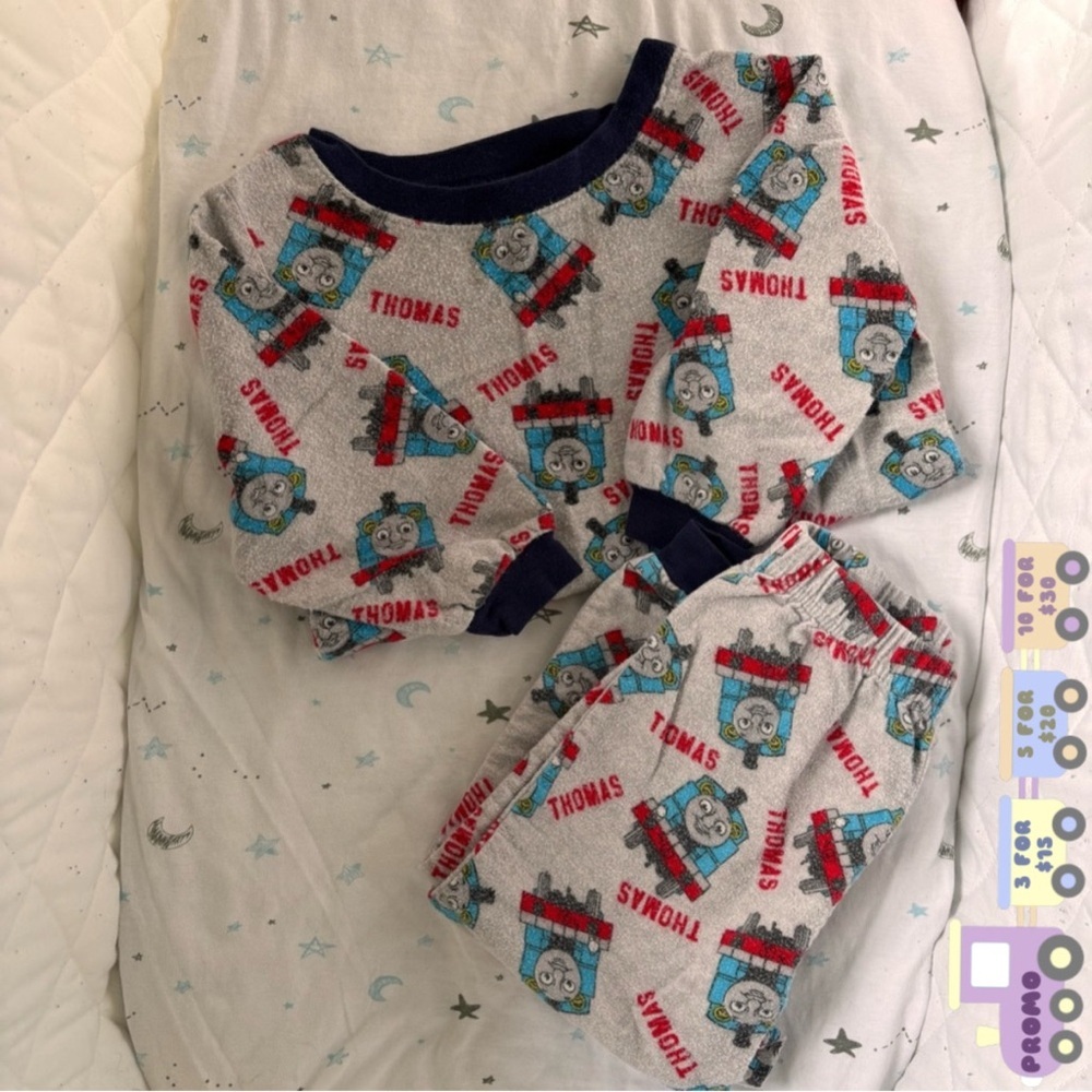 ⭒ 18-24M Thomas & Friends Gray Pyjama Set Trains Elastic Waist Fleece Cotton ⭒